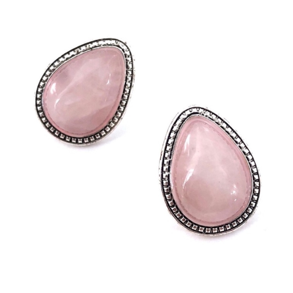 Natural rose quartz silver tone stud earrings - Picture 1 of 8